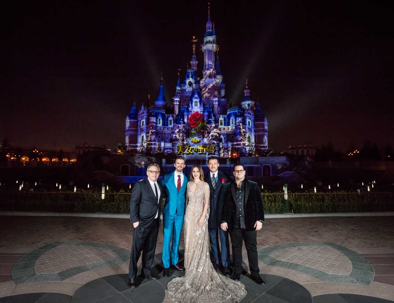 Bill Condon, Dan Stevens, Emma Watson, Luke Evans and Josh Gad at the Shanghai Disney Resort for Beauty and the Beast.