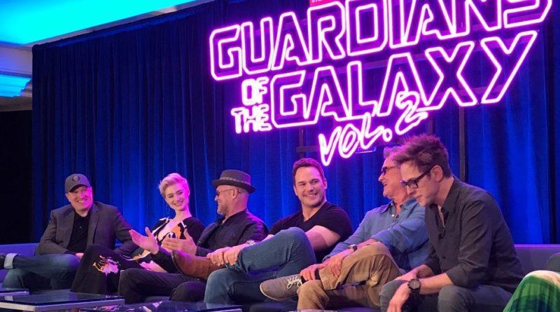 (From left: Kevin Feige – Producer, Elizabeth Debicki – Ayesha, Michael Rooker – Yondu, Chris Pratt – Peter, Kurt Russell – Ego, James Gunn – Director)
