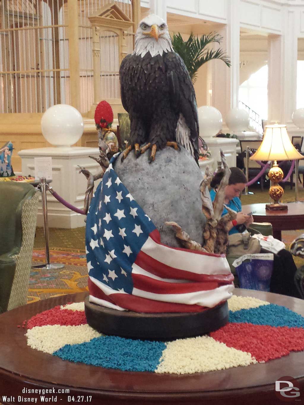 Patriotic Egg near the center of the lobby