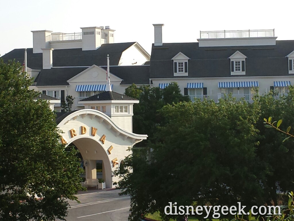 A closer look from our balcony at the front entrance to the Boardwalk Resort.