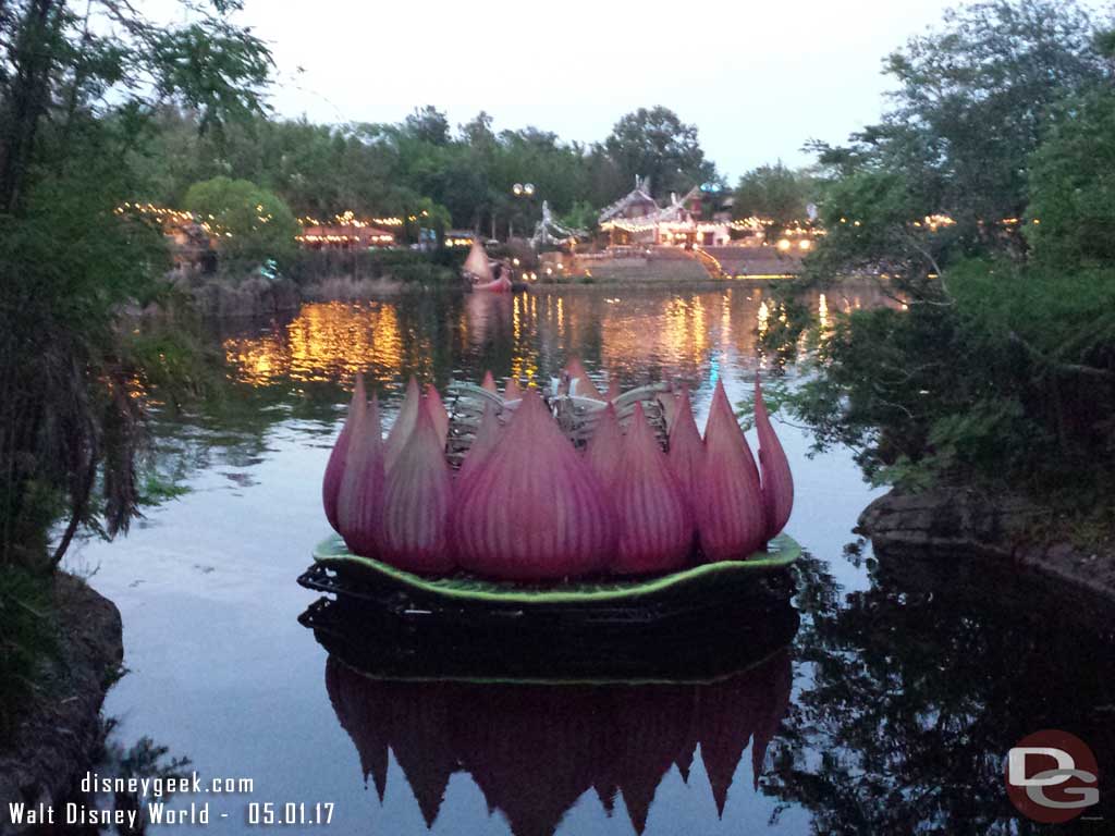 The large lotus blosom for Rivers of Light seen from the bridge to Dinoland