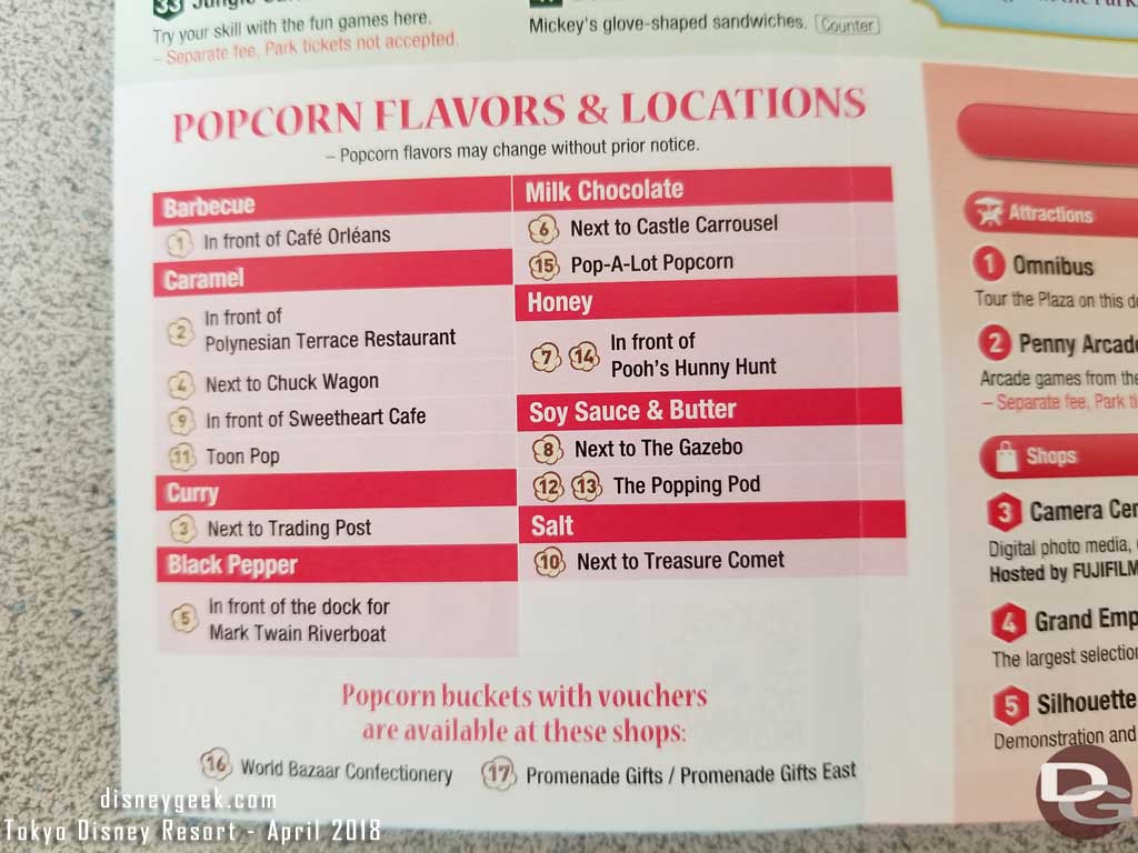 Tokyo Disneyland Popcorn Cart Location/Flavor listing on the park guidemap.