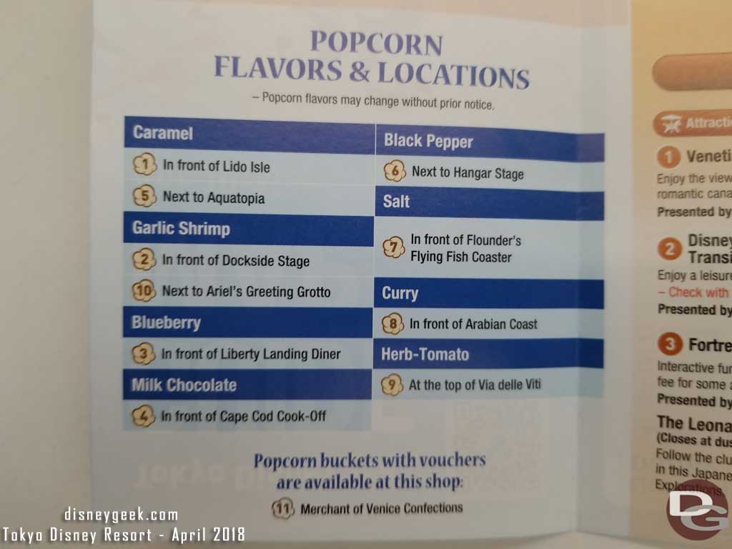 Tokyo DisneySea Popcorn Cart Location/Flavor listing on the park guidemap.