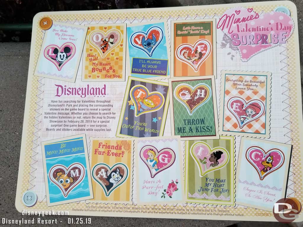 Minnie’s Valentine’s Day Surprise Scavenger Hunt Experience Completed Game Board