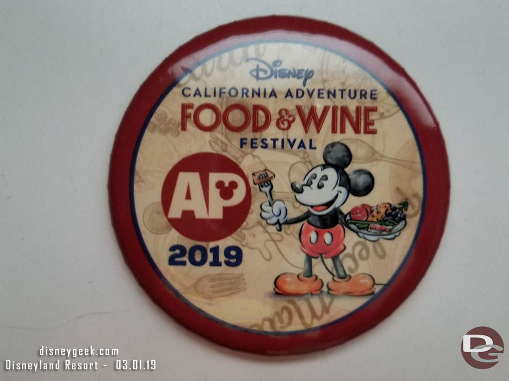 2019 Disney California Adventure Food & Wine Festival AP Button