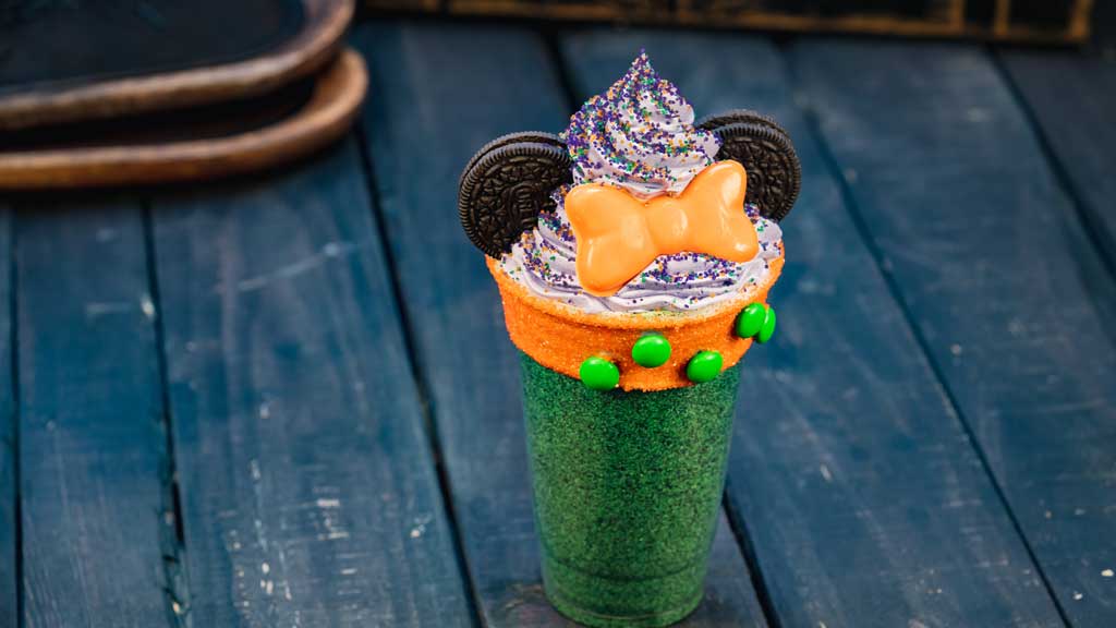 At Schmoozies! at Disney California Adventure Park, guests will find this mint chip shake with whipped cream and chocolate cream filled cookie Minnie Mouse ears. (David Nguyen/Disneyland Resort)