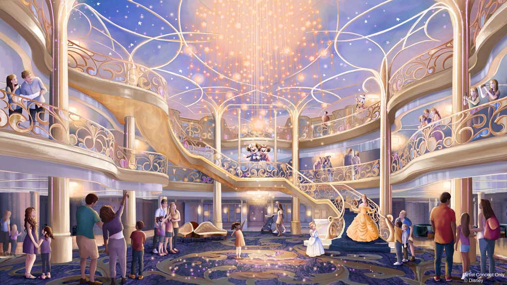 The three-story atrium of the Disney Wish will be a bright, airy and elegant space inspired by the beauty of an enchanted fairytale. It will serve as the gateway to an unparalleled vacation filled with experiences designed especially for families. (Disney)
