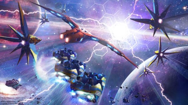 Guardians of the Galaxy: Cosmic Rewind will be the first “other-world” showcase pavilion at Epcot. The attraction will feature a new storytelling coaster that rotates to focus guests on the action, and will include the first reverse launch on a Disney coaster. (Disney/Marvel)