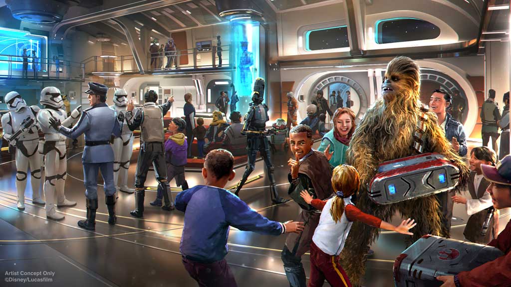Star Wars: Galactic Starcruiser at Walt Disney World Resort in Florida will invite guests aboard the Halcyon, a starcruiser known throughout the galaxy for its impeccable service and exotic destinations. When they arrive onboard, guests will step into the ship’s main deck Atrium to begin their journey through a galaxy far, far away. (Disney/Lucasfilm)
