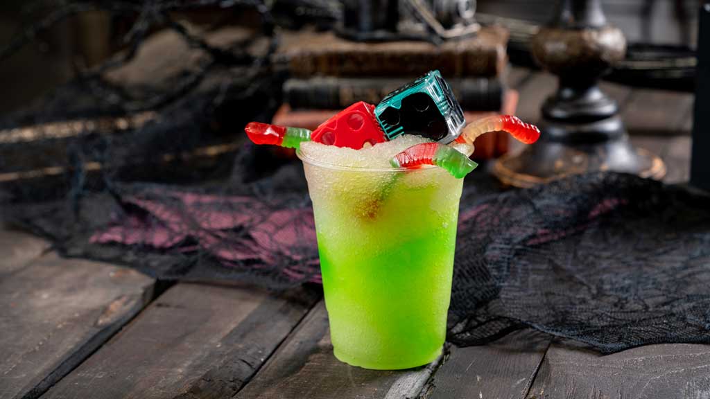 Disney guests will discover a variety of delicious treats during Halloween Time at Disneyland Resort, from Sept. 6 through Oct. 31, 2019. This Oogie Boogie-inspired drink with dice glow cubes can be found at the Hollywood Lounge at Disney California Adventure Park. (David Nguyen/Disneyland Resort)
