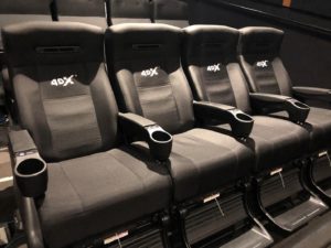 The 4DX experience features motion enabled chairs with added effects like wind and water.
