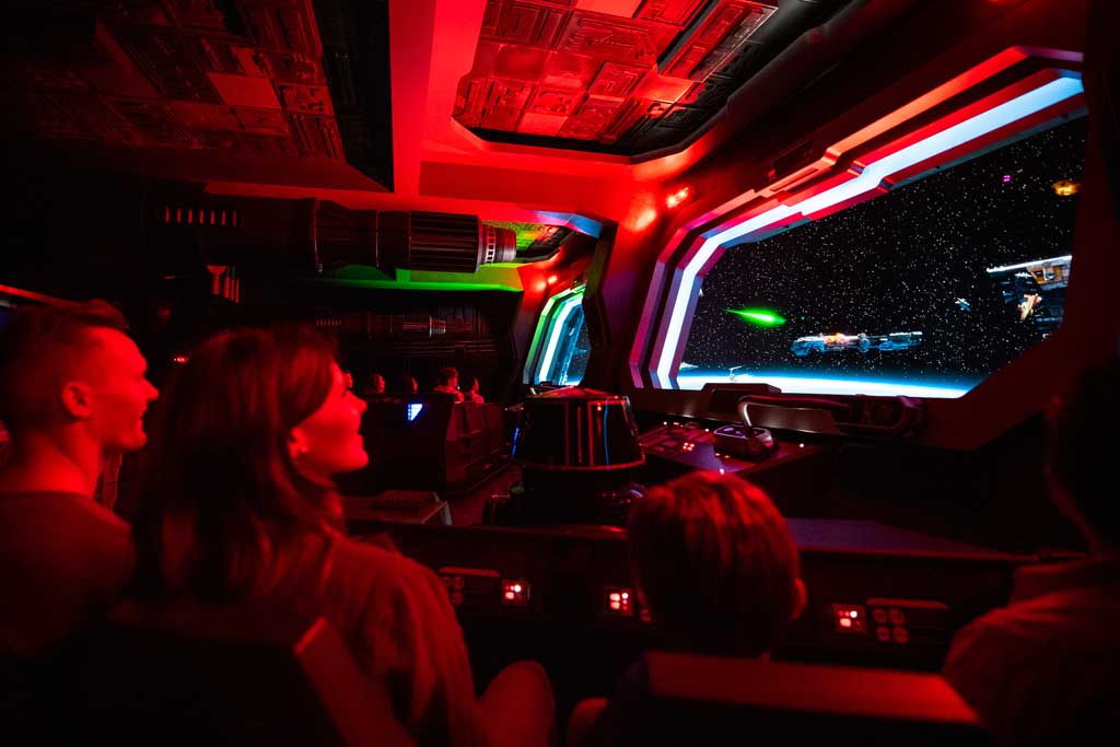 Guests dodge huge turbolaser cannons as they attempt to escape a First Order Star Destroyer as part of Star Wars: Rise of the Resistance, the groundbreaking new attraction opening Dec. 5, 2019, inside Star Wars: Galaxy’s Edge at Disney’s Hollywood Studios in Florida and Jan. 17, 2020, at Disneyland Park in California. (Matt Stroshane, photographer)