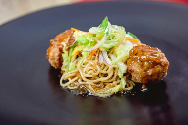 Lo mein noodles dish with chicken meatball, cabbage salad and apple ginger slaw (David/Nguyen Disneyland Resort)