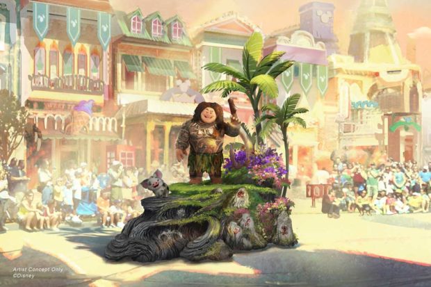 Depicted in this image, guiding Moana on her journey is Maui, who travels along on his own magical piece of the islands with Moana’s adorable pet pig, Pua. (Disney)