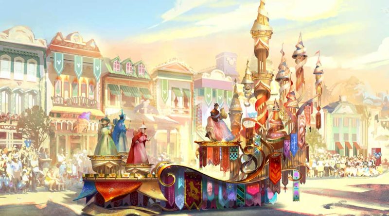 Depicted in this image, the regal grand finale of “Magic Happens” celebrates magical moments from several classic Disney stories, including the happily-ever-after scene from “Sleeping Beauty” with a trio of fairies and Princess Aurora’s gown shimmering between hues of pink and blue. (Disney)