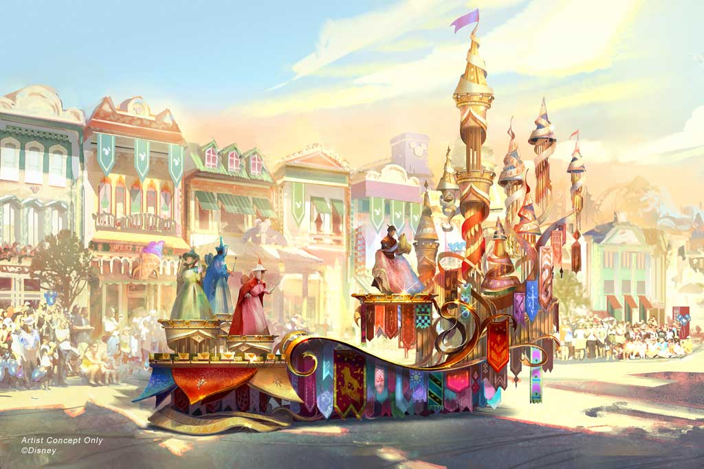 Depicted in this image, the regal grand finale of “Magic Happens” celebrates magical moments from several classic Disney stories, including the happily-ever-after scene from “Sleeping Beauty” with a trio of fairies and Princess Aurora’s gown shimmering between hues of pink and blue. (Disney)