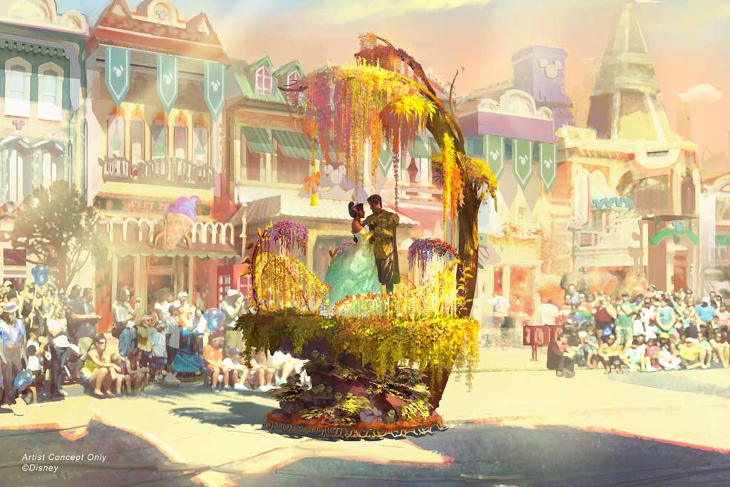Depicted in this image, Tiana and Naveen from “The Princess and the Frog” are seen amidst a swirl of golden flowers where they share a kiss, completing their transformation back into human forms. (Disney)