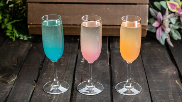 Road Trip Mimosa Trio: Pacific mimosa – sparkling wine, coconut, blue curaçao and pineapple juice; Mojave mimosa – sparkling wine, Simply Peach® and raspberry syrup; Sierra mimosa – sparkling wine, lavender and fresh lemon juice.