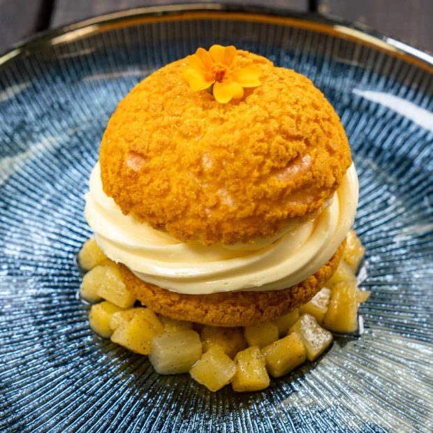 Pabana cream puff with exotic mousse blend of mango, passion fruit and banana, on a bed of vanilla bean-pineapple compote.