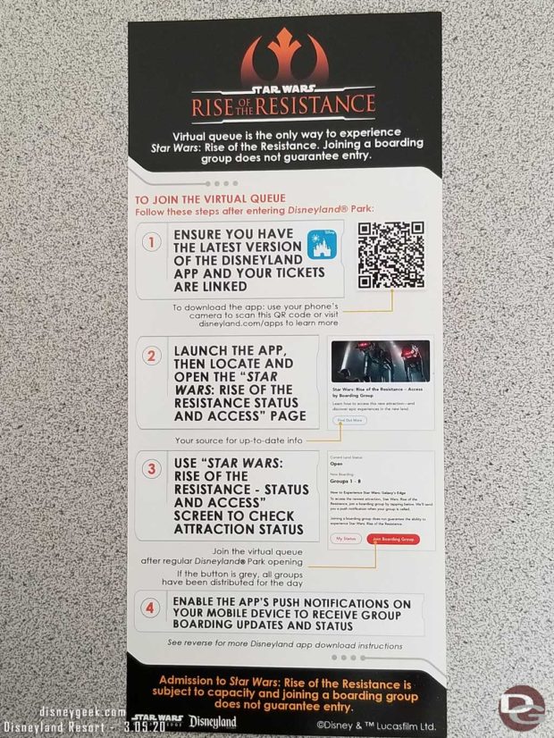 Disneyland Rise of the Resistance Boarding Group Information