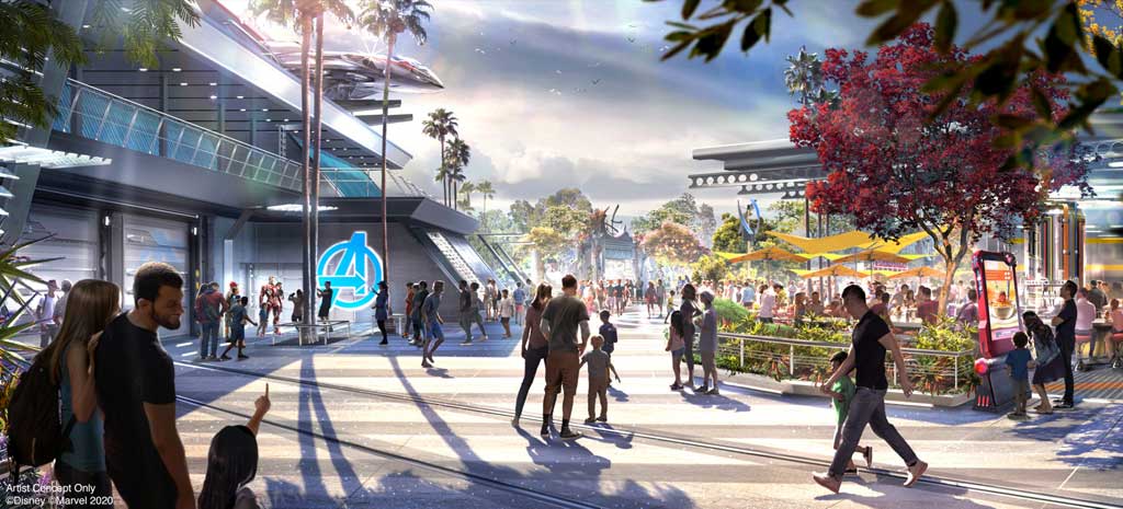 Avengers Campus is an entirely new land dedicated to discovering, recruiting and training the next generation of heroes, opening July 18, 2020, at Disney California Adventure Park in Anaheim, California. To the right of the image, the outdoor seating area at Pym Test Kitchen is a great place to fuel up and watch for Super Heroes at the nearby Avengers Headquarters. (Disneyland Resort)