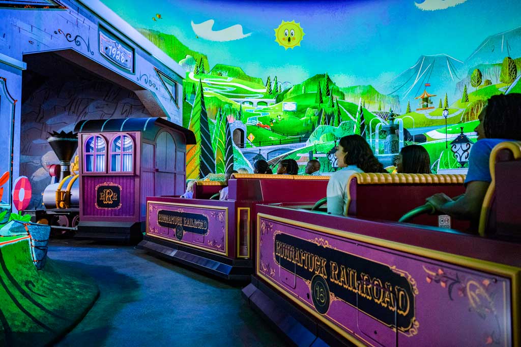 Guests board Runnamuck Railroad and journey into Runnamuck Park as part of Mickey & Minnie’s Runaway Railway, opening March 4, 2020, in Disney’s Hollywood Studios at Walt Disney World Resort in Lake Buena Vista, Fla. The first ride-through attraction in Disney history featuring Mickey Mouse and Minnie Mouse brings guests into the vibrant world of “Mickey Mouse” cartoon shorts. (Matt Stroshane, photographer)