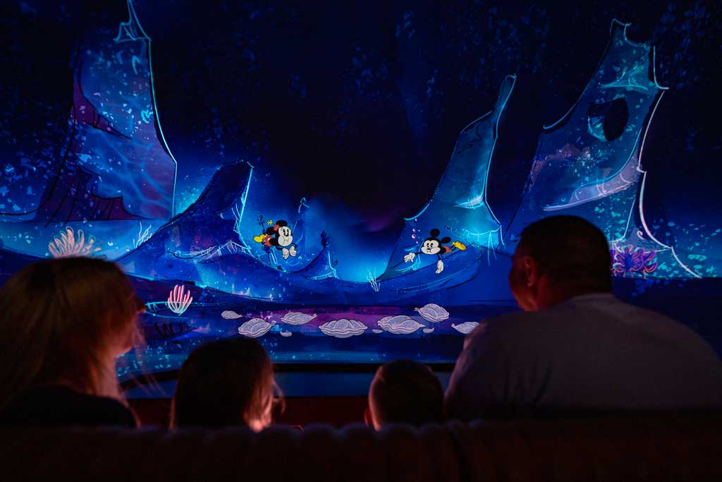 Guests follow Mickey Mouse and Minnie Mouse underwater as part of their journey through the vibrant world of “Mickey Mouse” cartoon shorts in Mickey & Minnie’s Runaway Railway, the family friendly new attraction opening March 4, 2020, in Disney’s Hollywood Studios at Walt Disney World Resort in Lake Buena Vista, Fla. (Matt Stroshane, photographer)
