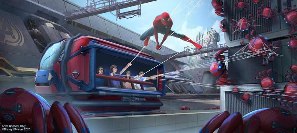 WEB SLINGERS: A Spider-Man Adventure in Avengers Campus at Disney California Adventure Park in Anaheim, California, will allow Super Hero recruits to put their web-slinging skills to the test as they team up with Spider-Man to capture his out-of-control Spider-Bots before they wreak havoc on the Campus. Avengers Campus opens July 18, 2020. (Disneyland Resort)