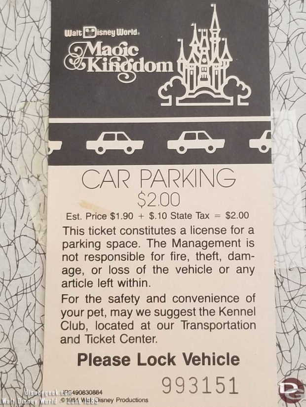 1985 WDW Magic Kingdom Parking Ticket