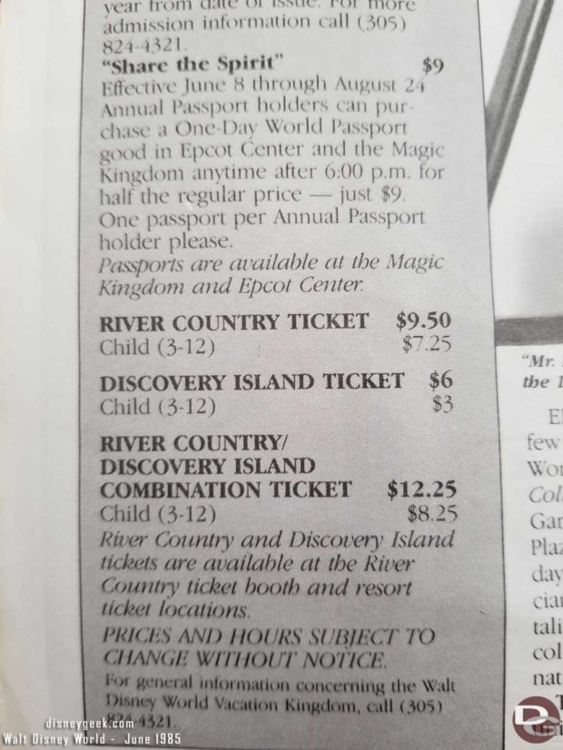 1985 Walt Disney World Ticket Prices and Hours