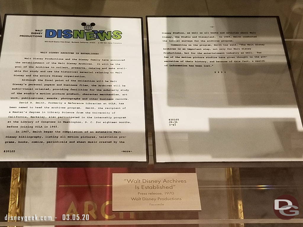 Facsimile of the 1970 Press Release titled "Walt Disney Archives Is Established"