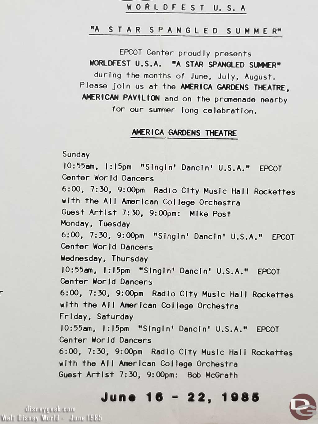 EPCOT Center Entertainment Program June 1985