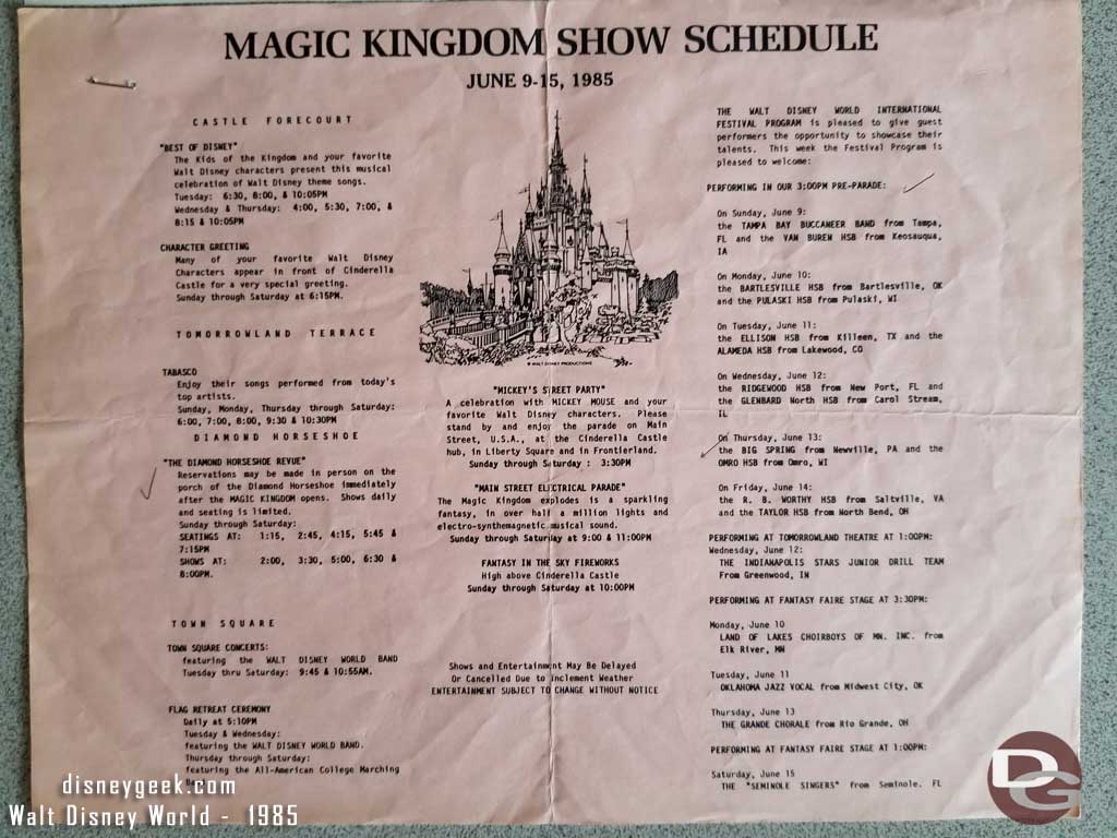 Magic Kingdom Entertainment Program for June 9-15, 1985