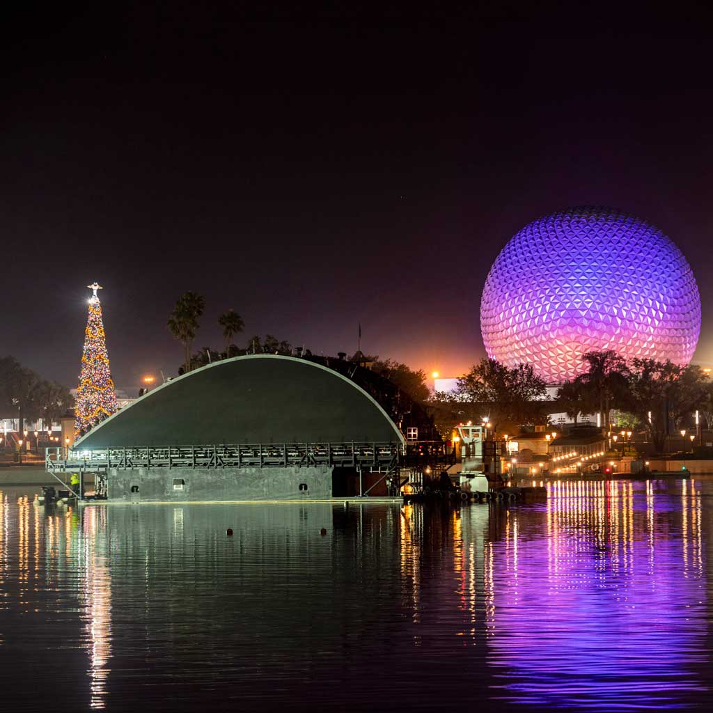 The first of five floating platforms to be part of “Harmonious,” the new nighttime spectacular coming to EPCOT, moves into position to begin testing of its onboard show equipment on the theme park’s World Showcase Lagoon, Dec. 11, 2020, at Walt Disney World Resort in Lake Buena Vista, Fla. Once completed, these platforms will create a sparkling fountain, providing new energy to World Showcase during the daytime; after dark, they’ll become part of one of the largest nighttime shows ever created for a Disney park. (Kent Phillips, photographer) 
