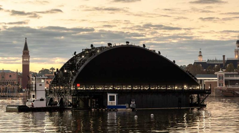 The first of five floating platforms to be part of “Harmonious,” the new nighttime spectacular coming to EPCOT, moves into position to begin testing of its onboard show equipment on the theme park’s World Showcase Lagoon, Dec. 11, 2020, at Walt Disney World Resort in Lake Buena Vista, Fla. Once completed, these platforms will create a sparkling fountain, providing new energy to World Showcase during the daytime; after dark, they’ll become part of one of the largest nighttime shows ever created for a Disney park. (Kent Phillips, photographer)