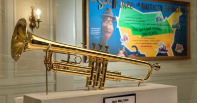 “The Soul of Jazz: An American Adventure” debuts Feb. 1, 2021, at The American Adventure inside EPCOT at Walt Disney World Resort in Lake Buena Vista, Fla. This new exhibit features artifacts from renowned jazz musicians, including Louis Armstrong’s trumpet (pictured). (Kent Phillips, photographer)