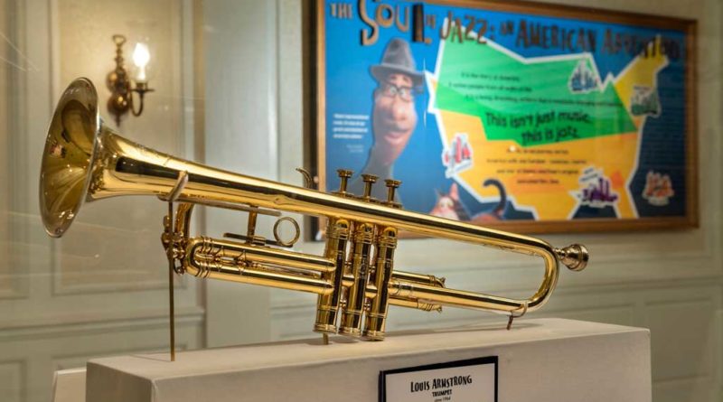 “The Soul of Jazz: An American Adventure” debuts Feb. 1, 2021, at The American Adventure inside EPCOT at Walt Disney World Resort in Lake Buena Vista, Fla. This new exhibit features artifacts from renowned jazz musicians, including Louis Armstrong’s trumpet (pictured). (Kent Phillips, photographer)