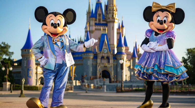Beginning Oct. 1, 2021, Mickey Mouse and Minnie Mouse will host “The World’s Most Magical Celebration” honoring Walt Disney World Resort’s 50th anniversary in Lake Buena Vista, Fla. They will dress in sparkling new looks custom made for the 18-month event, highlighted by embroidered impressions of Cinderella Castle on multi-toned, EARidescent fabric punctuated with pops of gold. (Matt Stroshane, photographer)