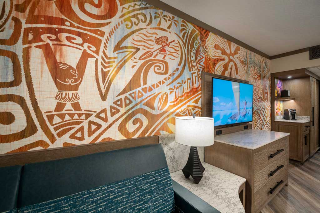 Next Reimagined guest rooms inside Disney’s Polynesian Village Resort at Walt Disney World Resort in Lake Buena Vista, Fla., feature details, patterns and textures from the hit Walt Disney Animation Studios film “Moana,” including characters and other references to the story. The resort, part of the Disney Resorts Collection at Walt Disney World, is now accepting bookings for late July 2021. (Kent Phillips, photographer) Reimagined guest rooms inside Disney’s Polynesian Village Resort at Walt Disney World Resort in Lake Buena Vista, Fla., feature details, patterns and textures from the hit Walt Disney Animation Studios film “Moana,” including characters and other references to the story. The resort, part of the Disney Resorts Collection at Walt Disney World, is now accepting bookings for late July 2021. (Kent Phillips, photographer)