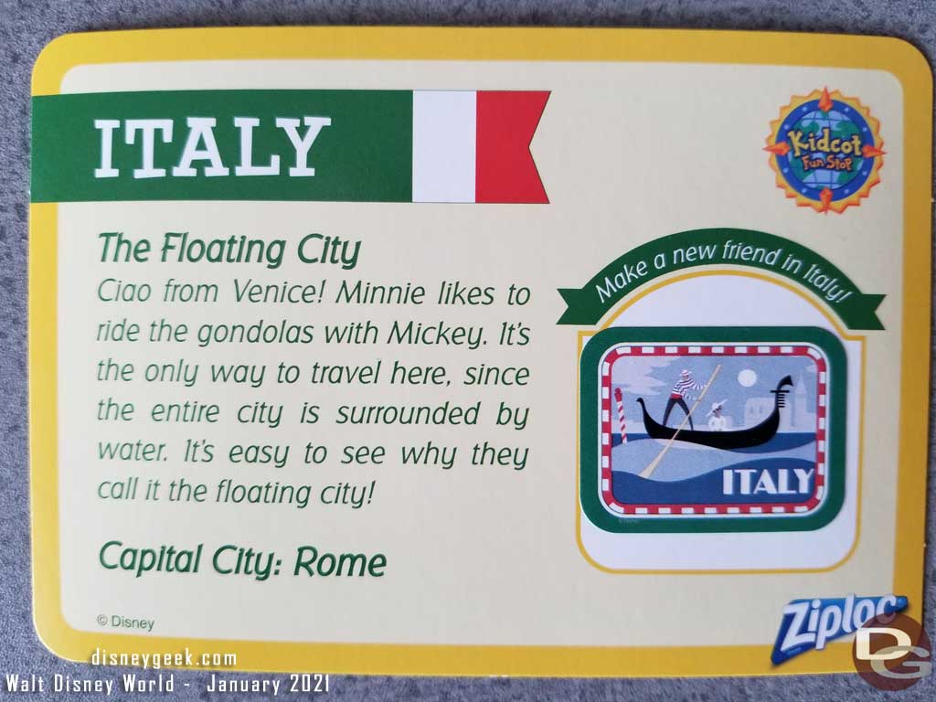 EPCOT Kidcot Fun Stop Card - Italy