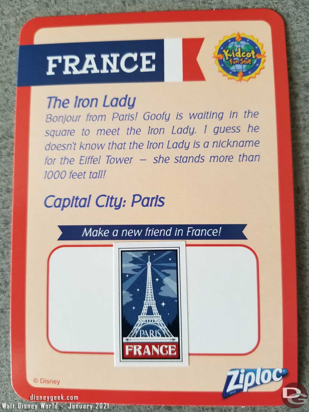 EPCOT Kidcot Fun Stop Card - France