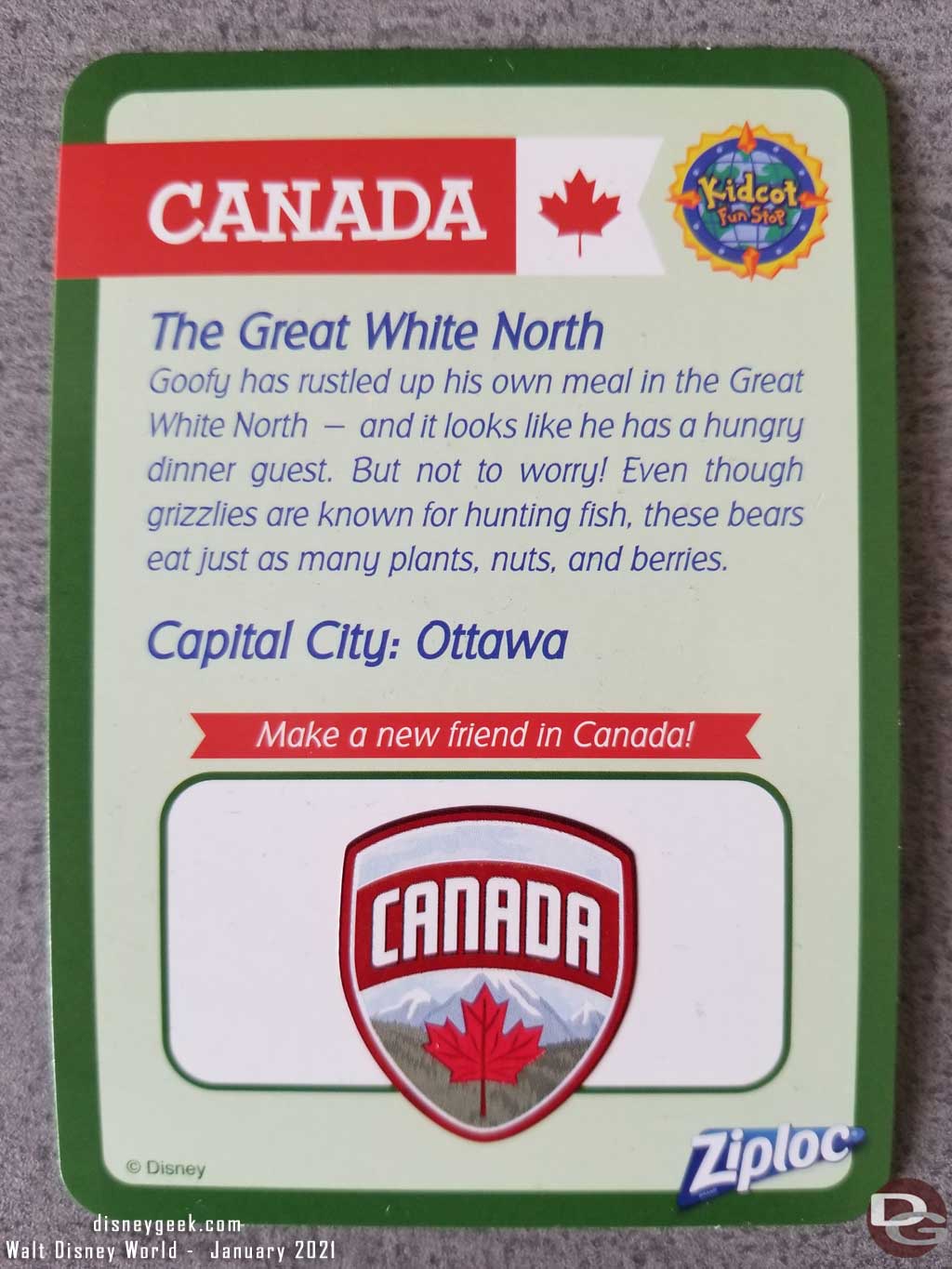 EPCOT Kidcot Fun Stop Card - Canada