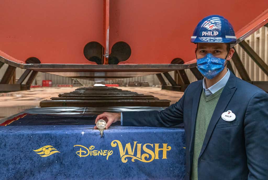 Philip Gennotte, portfolio project management executive, Walt Disney Imagineering Germany took part in the keel laying ceremony for the Disney Wish at Meyer Werft in Papenburg, Germany. (Robert Fiebak, photographer) 