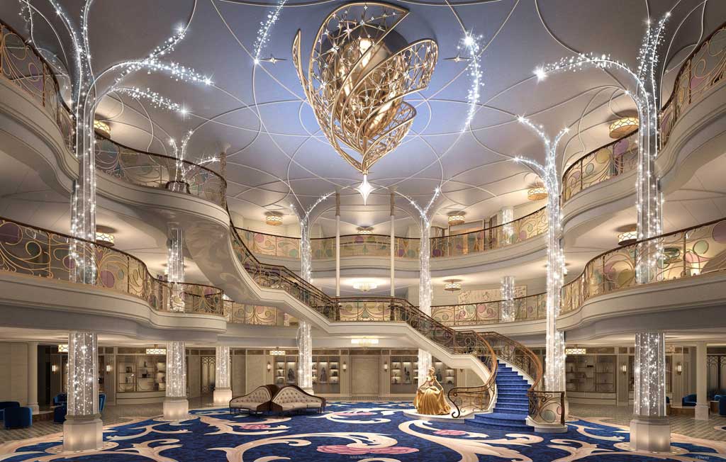 Aboard the Disney Wish, the Grand Hall will come to life every evening with dramatic show lighting, glittering trails of pixie dust and shimmering chandelier effects. This fairytale-inspired atrium will be the enchanted gateway to everything that awaits on board the ship: fairytale worlds, heroic challenges, epicurean indulgences, thrilling adventures, galactic encounters, peaceful escapes and so much more. (Disney) 