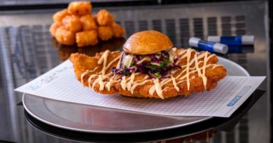 Experiment No. EE90: Not So Little Chicken Sandwich features a fried chicken breast with teriyaki and red chili sauces, pickled cabbage slaw and crispy potato tots. (David Nguyen/Disneyland Resort)