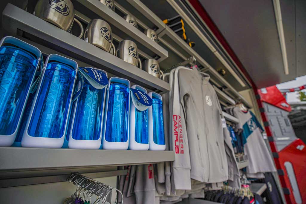 In Avengers Campus at Disney California Adventure Park in Anaheim, California, families can find all the gear they need to train alongside their favorite Super Heroes. Campus Supply Pod carries an assortment of attire featuring the Avengers Campus logo and other gear including Avengers Campus t-shirts, a fleece hoodie and even a deluxe figurine set featuring some favorite Avengers. (Christian Thompson/Disneyland Resort)