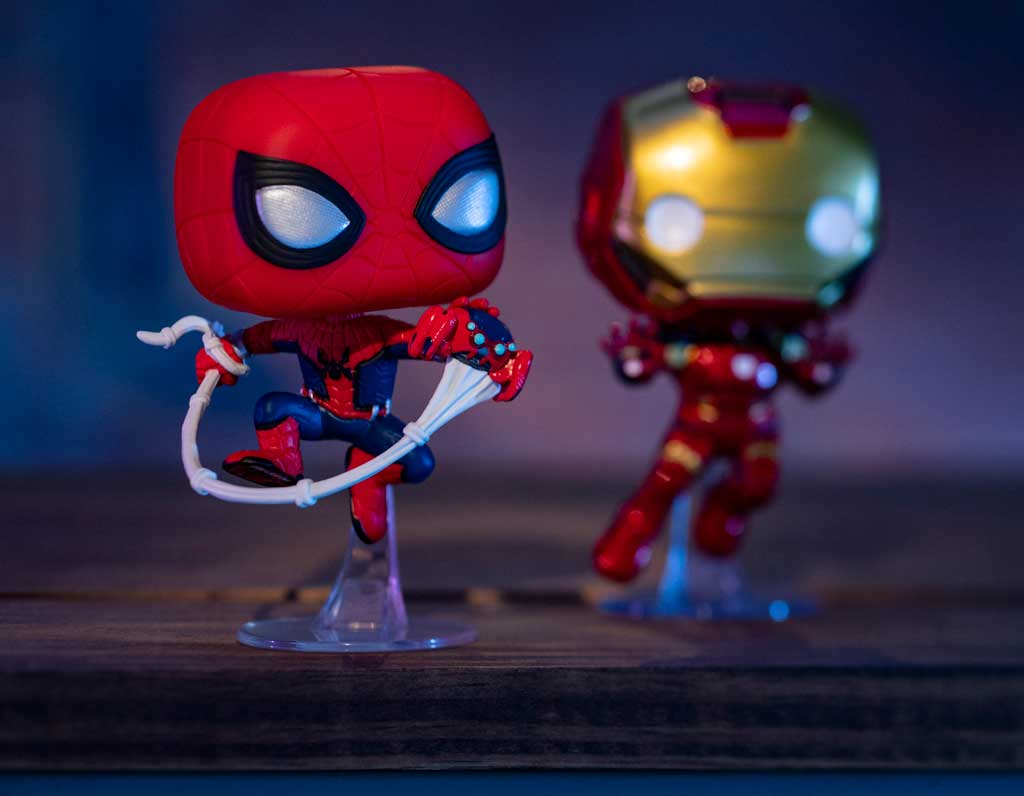 Super Heroes-in-training at Avengers Campus at Disneyland Resort in Anaheim, California, will be able to add to their Super Hero memorabilia with the Disneyland Resort-exclusive Funko Pop! vinyl figurines, including Spider-Man with Spider-Bots that have run amok throughout Avengers Campus (left) and Iron Man. (David Roark/Disneyland Resort)