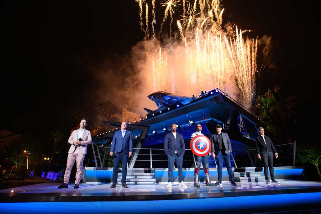Super Heroes assembled to celebrate the momentous dedication of Avengers Campus June 2, 2021, in an epic ceremony at Disney California Adventure Park in Anaheim, California. Disney CEO Bob Chapek was joined in front of Avengers Headquarters near the shining Quinjet by Disney Parks, Experiences and Products Chairman Josh DÕAmaro and Marvel Studios President/Marvel Chief Creative Officer Kevin Feige, along with Paul Rudd, star of the ÒAnt-ManÓ films, and Anthony Mackie from the hit Disney+ series ÒThe Falcon and the Winter Soldier.Ó Teaming up with Iron Man, Spider-Man, Captain America, Captain Marvel, Black Panther and more, they together unveiled the new land, which opens to the public at the Disneyland Resort on June 4, 2021. (Richard Harbaugh/Disneyland Resort)