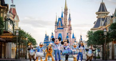 Beginning Oct. 1, 2021, Mickey Mouse and Minnie Mouse will host “The World’s Most Magical Celebration” honoring the 50th anniversary of Walt Disney World Resort in Lake Buena Vista, Fla. Mickey and Minnie will be joined by their best pals Donald Duck, Daisy Duck, Goofy, Pluto and Chip ‘n’ Dale all dressed in sparkling new looks, custom-made for the 18-month event, highlighted by embroidered impressions of Cinderella Castle on multi-toned, EARidescent fabric punctuated with pops of gold. (Matt Stroshane, photographer)