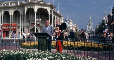 Roy O. Disney and Mickey Mouse at the Oct. 25, 1971, dedication ceremony for Walt Disney World Resort on Main Street, U.S.A., in Magic Kingdom Park in Lake Buena Vista, Fla. (Disney)